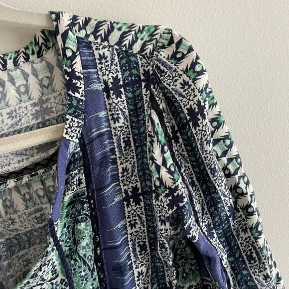 Lucky Brand Wmn SZ XS Blue/Green/White Boho Tunic Style Tie Neckline Short Dress - Picture 6 of 11